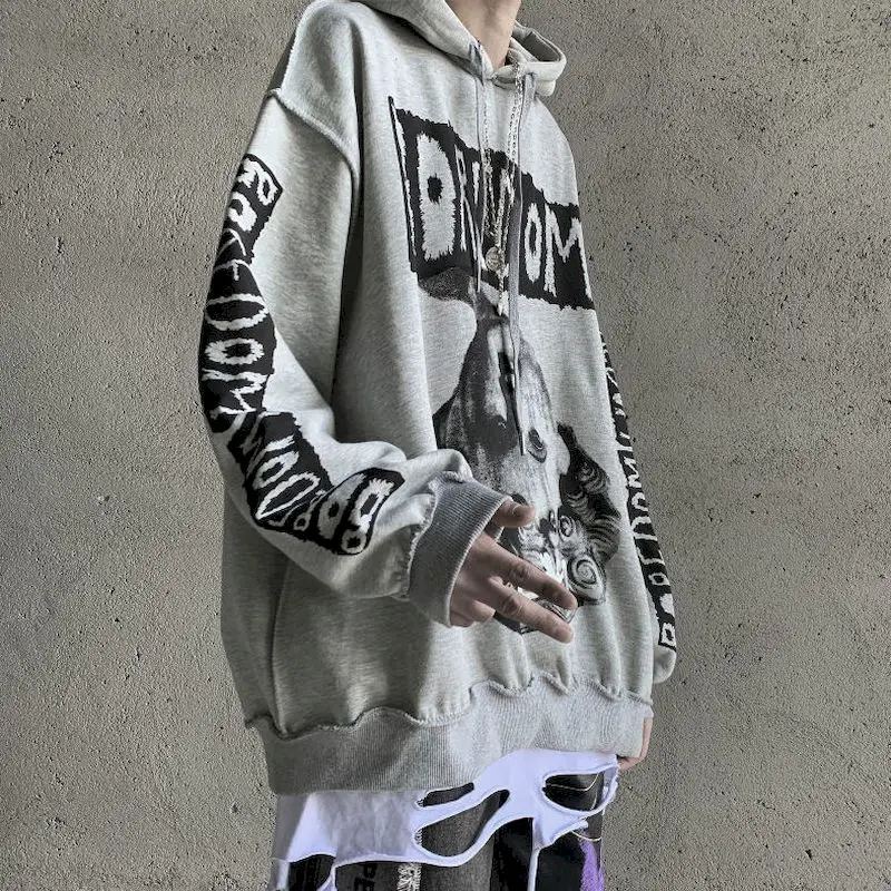 

Толстовка женская оверсайз с капюшоном, готический свитшот с круглым вырезом и принтом головы, свободная универсальная одежда с длинным ру...