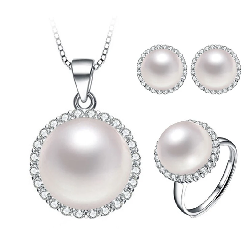 white pearl set Красивый натуральный настоящий жемчужный набор, роскошные 925 серебряные ювелирные наборы жемчужный кулон серьги кольцо подарок на помолвку - Цвет камня: white pearl set