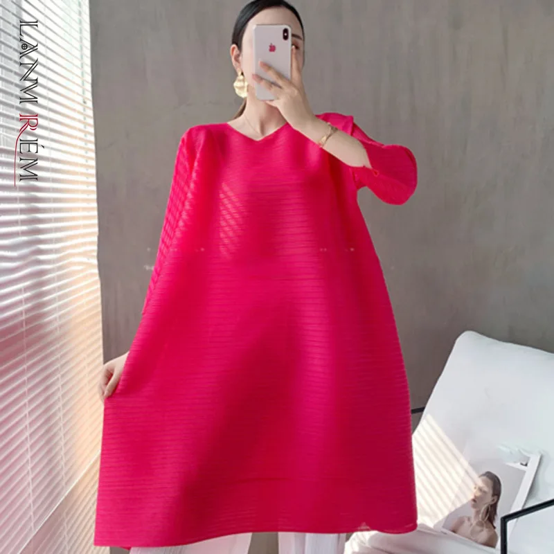 

LANMREM Women Yellow Midi Long Pleated Dress New Round Neck Half Sleeve Loose Fit Fashion Spring Summer 2022 2E1118