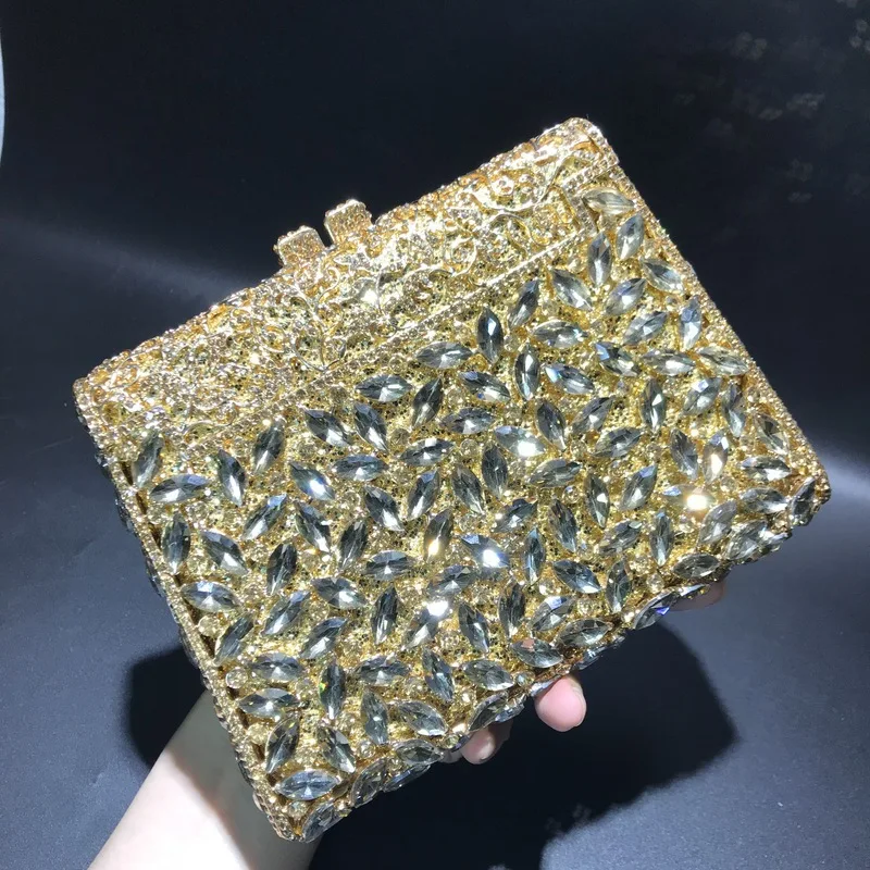 

2021 New Design Buckle Banquet High-end Handbag Rhinestone Corrugated Metal Crystal Evening Handmade Diamond Bag Satchel