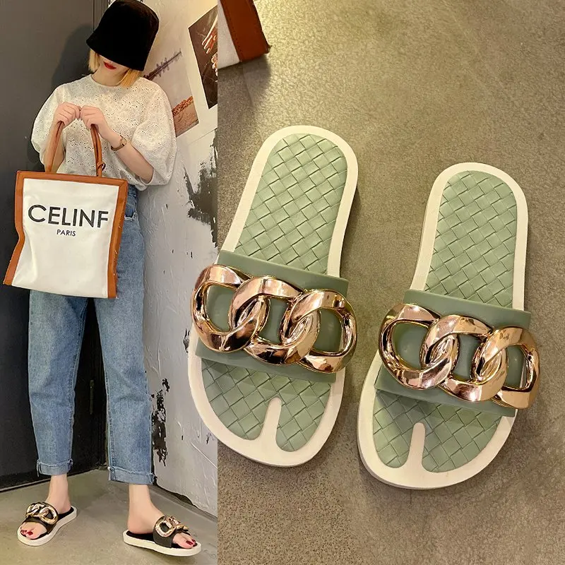 

Fashion Shoes Metal Chain Design Summer Slipper Women Open Toe Flat Shoes Solid Color Outdoor Punk Slides Women Shoes Plus Size