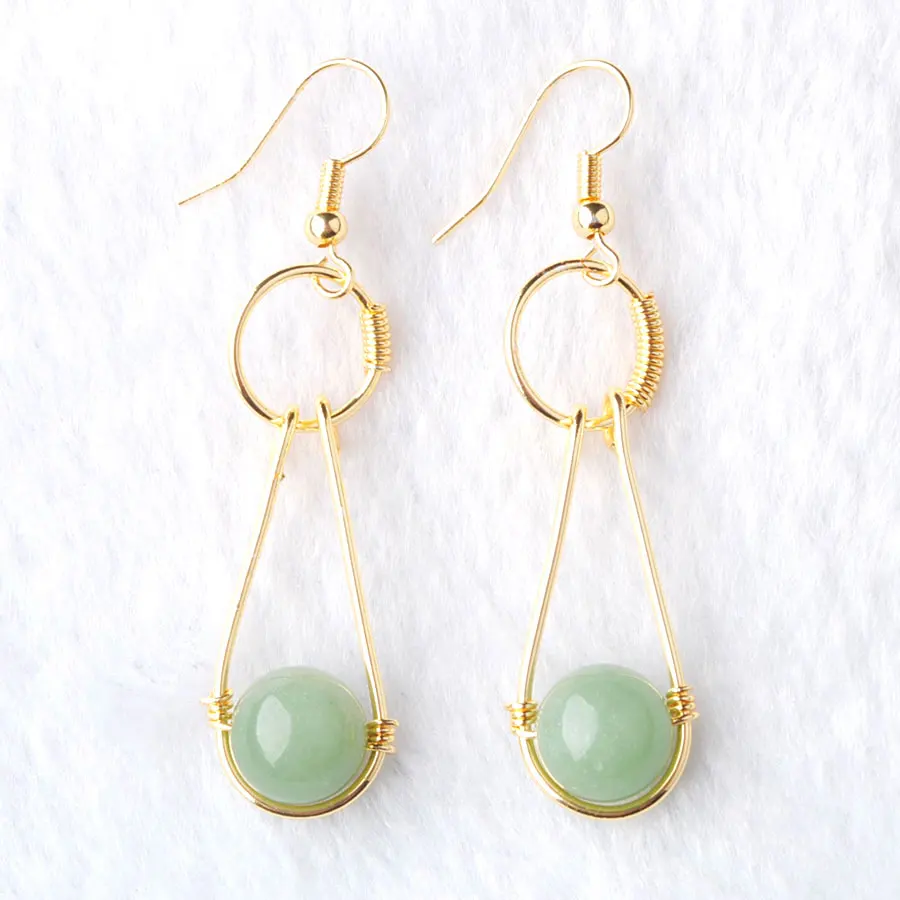 

WOJIAER Plated Gold Jewelry for Female Trendy Hook Dangle Earrings Natural Aventurine Stone Round Beads Pendant Earring O9454