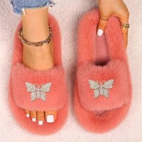 faux fur slippers for women gorgeous white pearl butterfly designer flat slides platform fur sandals winter house warm shoes