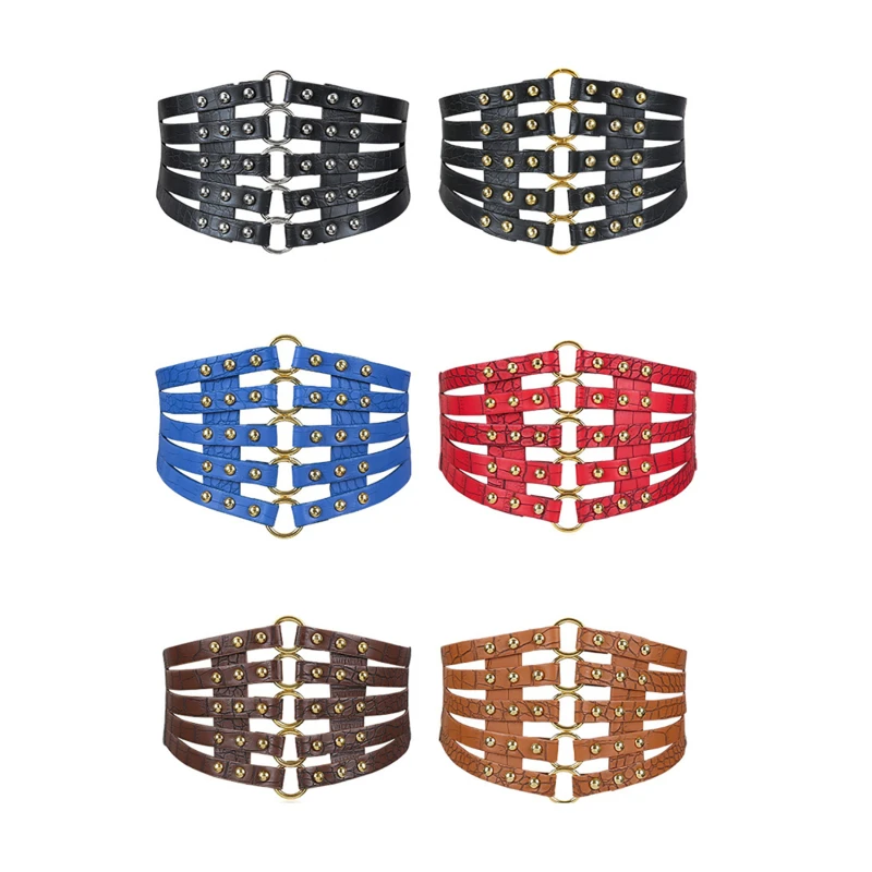

2021 Vintage Design Brand Metal Ring Gold Belt Ladies Women Belts Women Fashion Rivet Wide Elastic Waist 5 Straps Pu Belt