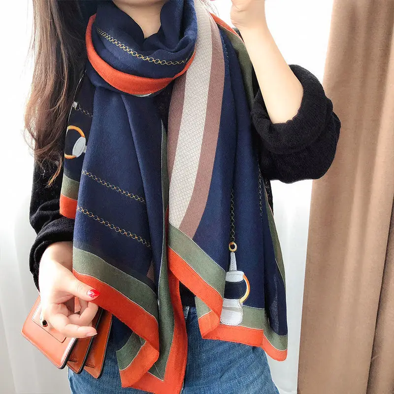 

2021 Brand Designer Silk Scarf Female Foulard Bandana Long Shawls Wraps Winter Neck Scarves Pashmina Lady Hijab Luxury New