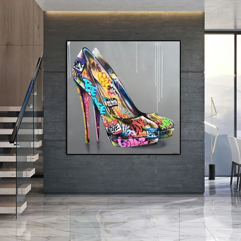 

Sweet Graffiti Art High Heels Shoes Oil Paintings Canvas Art Wall Posters Prints Wall Pictures for Living Room Home Wall Cuadros