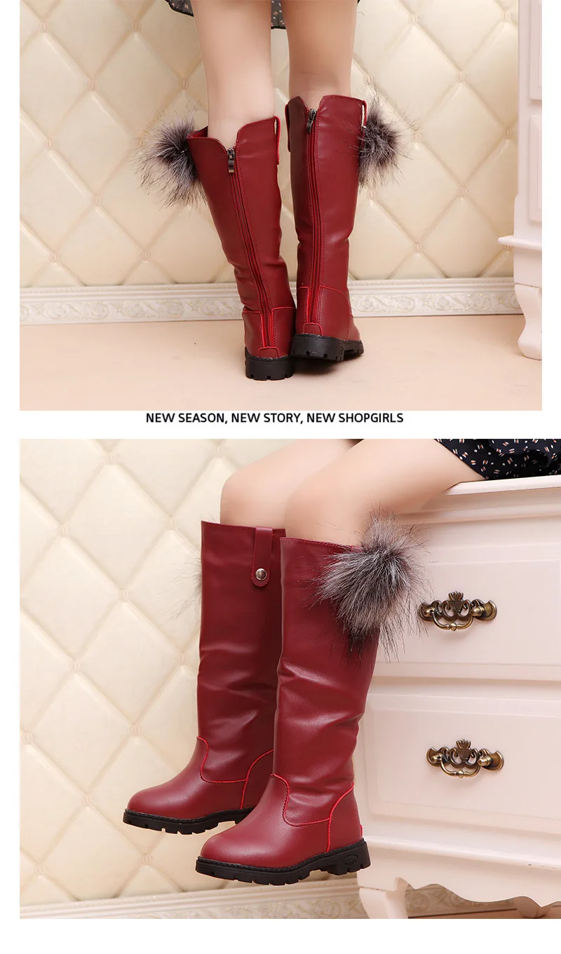 Осенне-зимние детские высокие сапоги дизайнерские милые бутиковые сапоги принцессы с помпонами резиновые сапоги из искусственной кожи Размеры 26-39, черные, красные, Botas