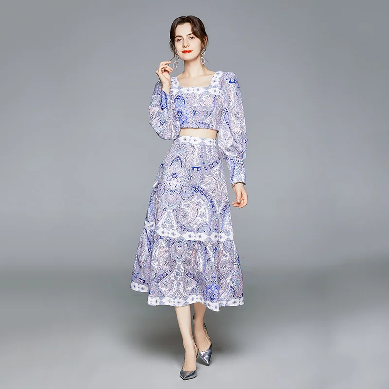 

Autumn Fashion Vintage Print 2 Piece Set Women Lantern Sleeve Shirt Blouses Crop Tops + Long SKirts Sets Runway Two Piece Set