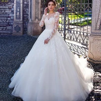 elegant ball gown tulle wedding dresses with long sleeve illusion lace appliques vintage bridal gown boho princess party dress