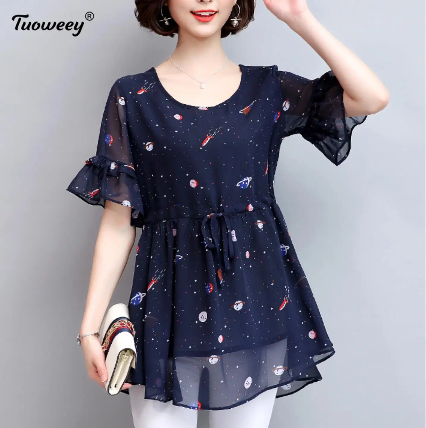 

Женская летняя блузка с коротким рукавом, модная шифоновая рубашка 2021, женская одежда, милые черные женские топы с круглым вырезом и цветочн...