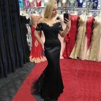 black mermaid evening dresses off shoulder short sleeve lace appliques satin gorgeous party prom gowns 2021 sweep train