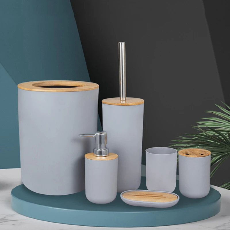 

6Pcs Bathroom Set Multi-function Bamboo Wood Trash Can Portable Soap Box Toilet Brush Cleaning Tools Bathroom Accessories Sets