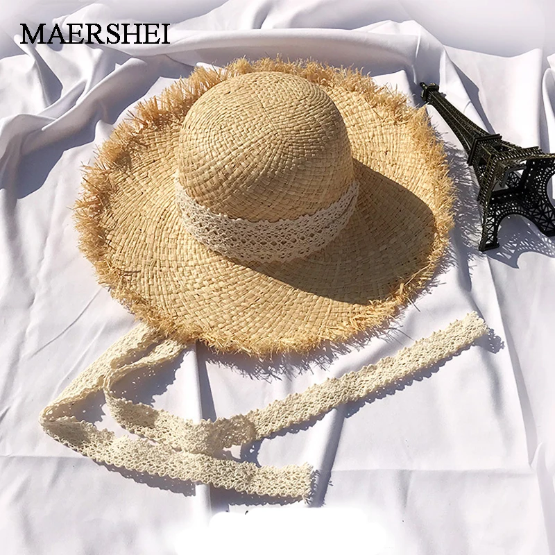 

Handmade Weave 100%Raffia Sun Hats For Women Ribbon Lace Up Large Brim Straw Hat Outdoor Beach Summer Caps Chapeu Feminino