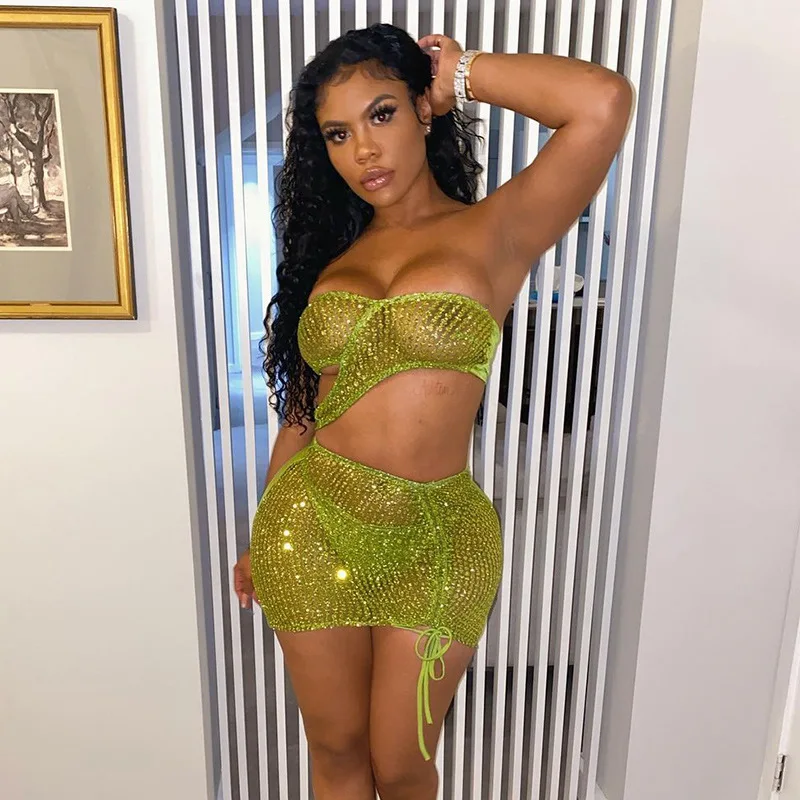 

Sexy Sheer Mesh Two Piece Set Strapless Top + Mini Dress Drawstring Party Night Clubwear Summer Clothes For Women Outfit