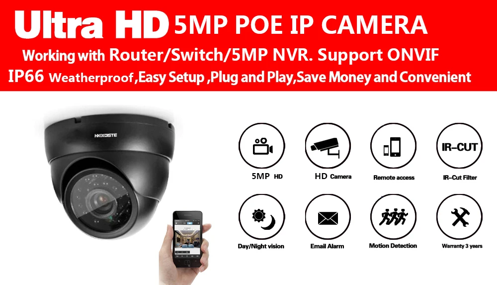H.265 POE IP 5MP камера IR-CUT Крытый купольный комнатный уличный фильтр Onvif DC 12 В 48 в детектор движения электронная почта сигнализация интеллектуальное воспроизведение