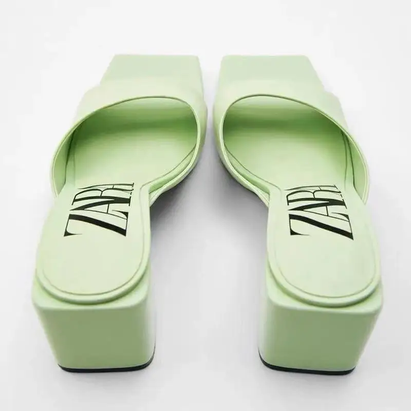 zar 2021 summer new green fashion square toe thick high heels sexy outer wear muller sandals and slippers women luxury brand hot free global shipping
