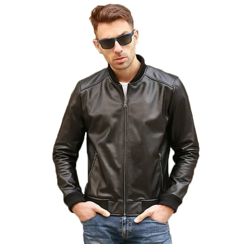 Тонкий натуральный воловья кожа настоящий летный бомбер для мужчин Высокое