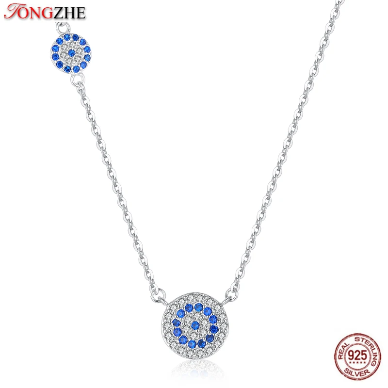 

TONGZHE Women Necklace Long Silver 925 Sterling Jewelry Blue Stone CZ Evil Eye Pendant Necklace For Women Link Chain Koyle