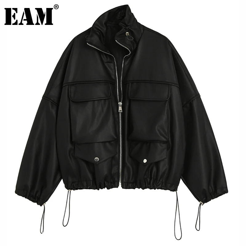 

[EAM] Loose Fit Black Big Size PU Leather Jacket New Lapel Long Sleeve Women Coat Fashion Tide Spring Autumn 2022 1DE3286