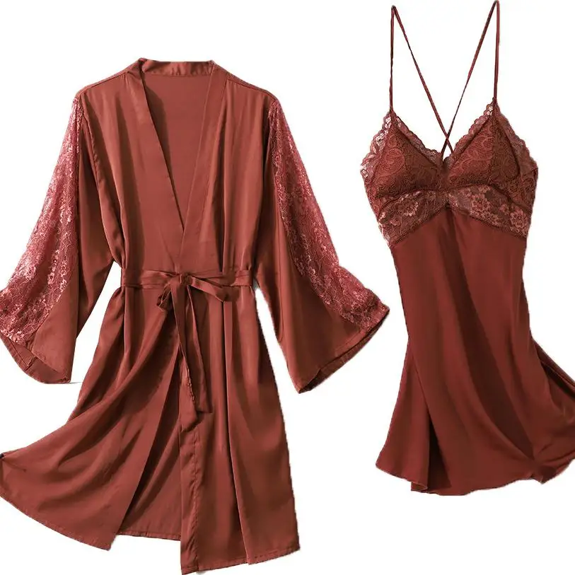 

Satin 2PCS Lace Sleep Set Women Wedding Robe Suit Loose Summer Nightgown Sleepwear Sexy Hollow Out Kimono Bath Gown Home Wear