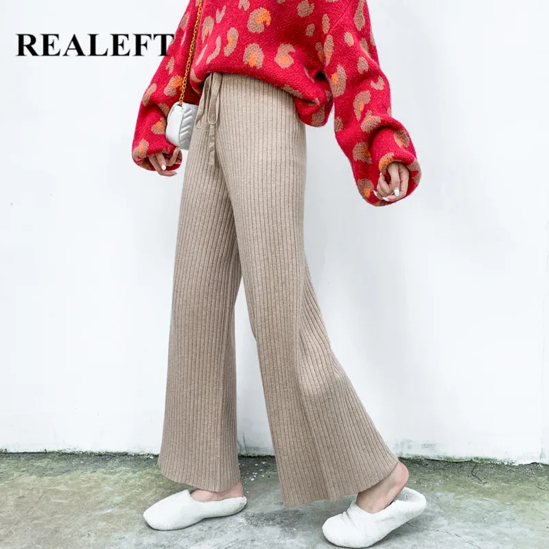 

REALEFT Autumn Winter Knitting Women's Wide Leg Loose Pants 2021 New Casual Lace Up Elastic High Waist Knitwear Trouses Female