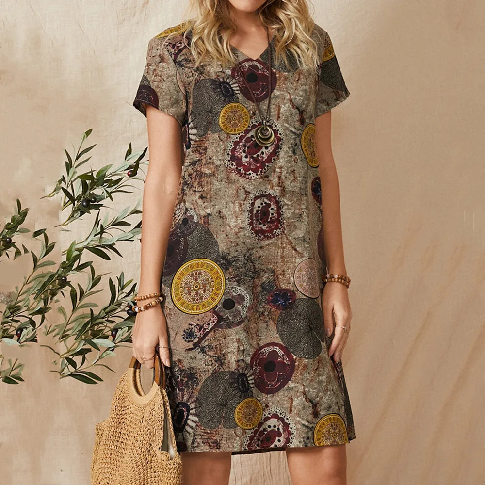 

2021 Women's New Style Personality Printed V-Neck Pullover Loose Short Sleeve Large Size Casual Summer Dress Robes Femme Vestido