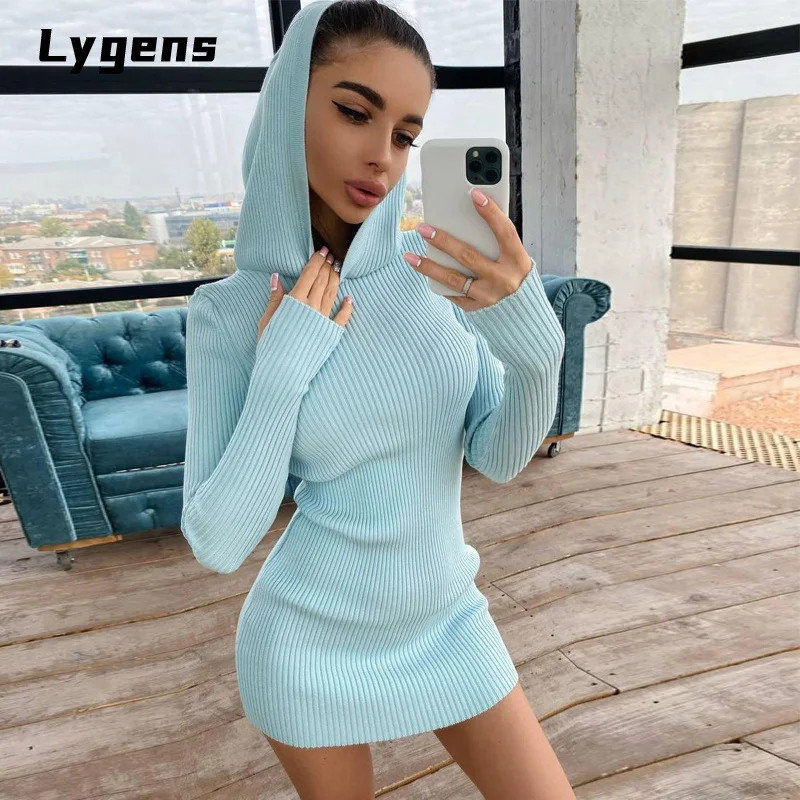 

Женское трикотажное мини-платье Lygens, облегающее однотонное платье в полоску с длинным рукавом, Повседневная Уличная одежда, осень-зима 2021