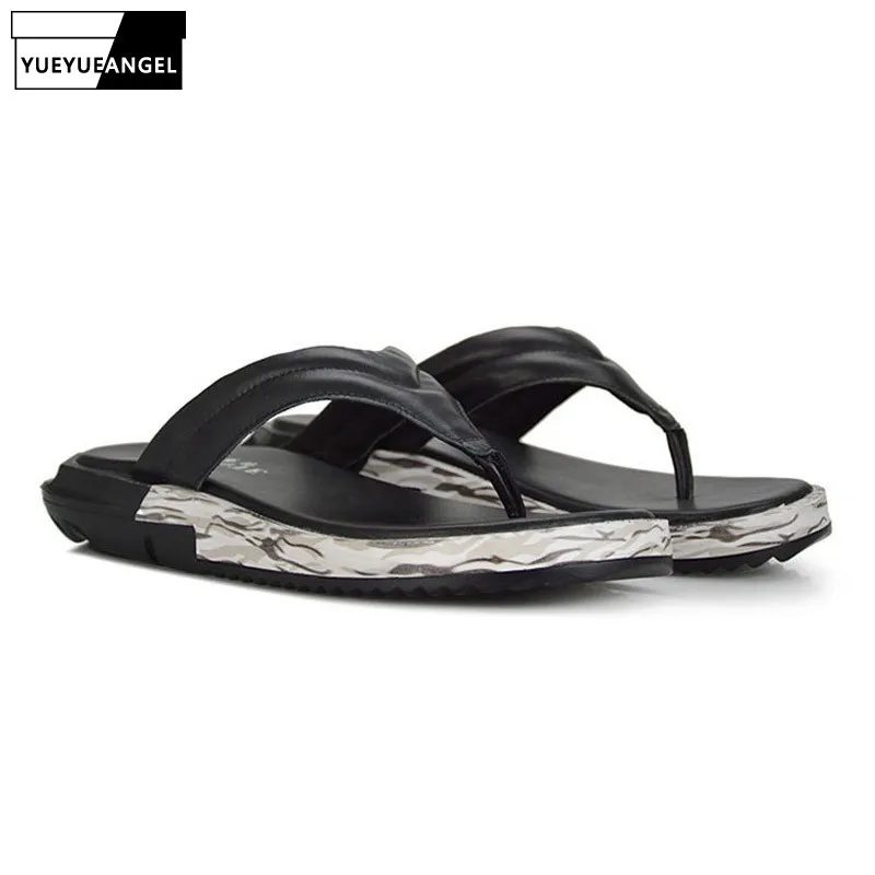 Шлепанцы мужские на толстой платформе Нескользящие натуральная кожа пляжные для