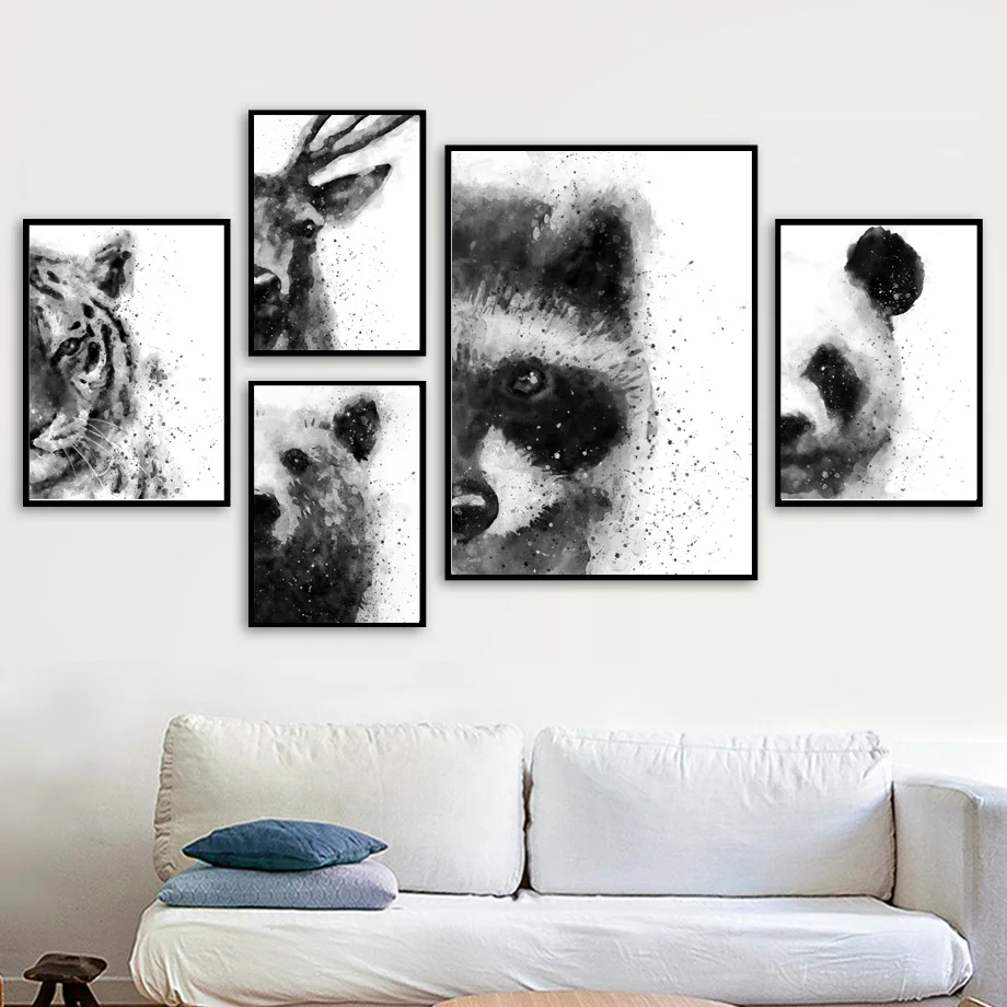

Wall Art Canvas Painting Black White Tiger Bear Deer Raccoon Wolf Panda Nordic Posters And Prints Animal Wall Pictures Kids Room