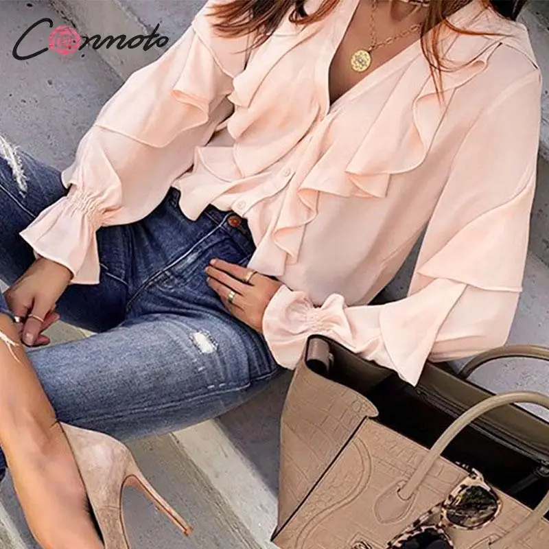 Conmoto с длинным рукавом женская блуза оборками рубашки осень зима 2019 шифоновые