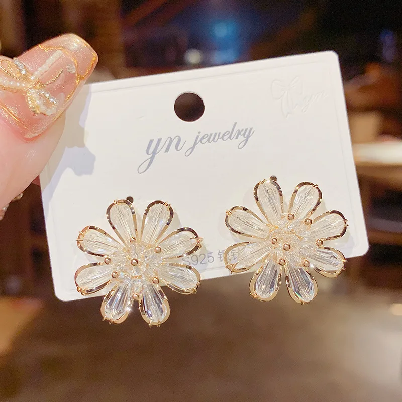 

High Quality 14K Real Gold Crystal Flower Exaggerated Atmosphere Fresh Earrings S925 Silver Needle for Women Date Jewelry