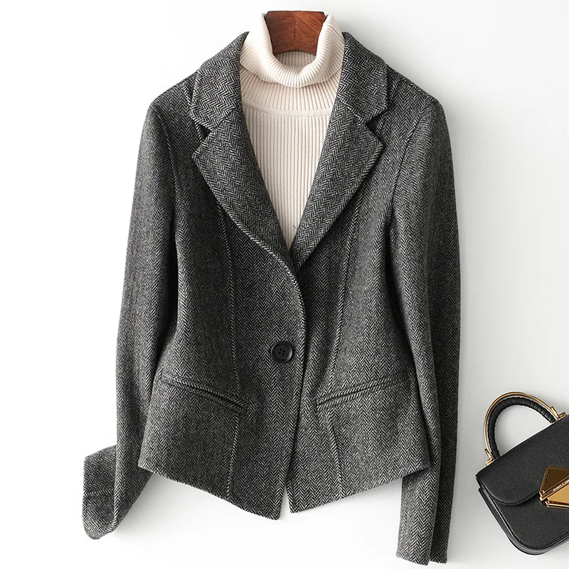 Женский шерстяной твидовый двусторонний приталенный осенне-зимний короткий