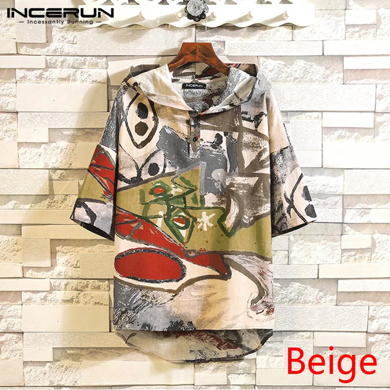 Men Hooded Half Sleeve Shirt Vintage Printed Shirts Casual Loose Buttons Pullovers Man Cotton Thin Sweatshirt Camisa Plus Size 7 | Мужская