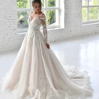 2021 a line wedding dresses long sleeves lace appliqued tulle bridal gowns buttons back vestido de novia