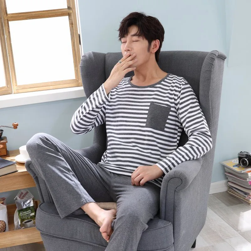 

2020 Autumn Long Sleeve Cotton Print Pajama Set for Men High Quality Sleepwear Suit Pyjama Male Loungewear Homewear Home Clothes