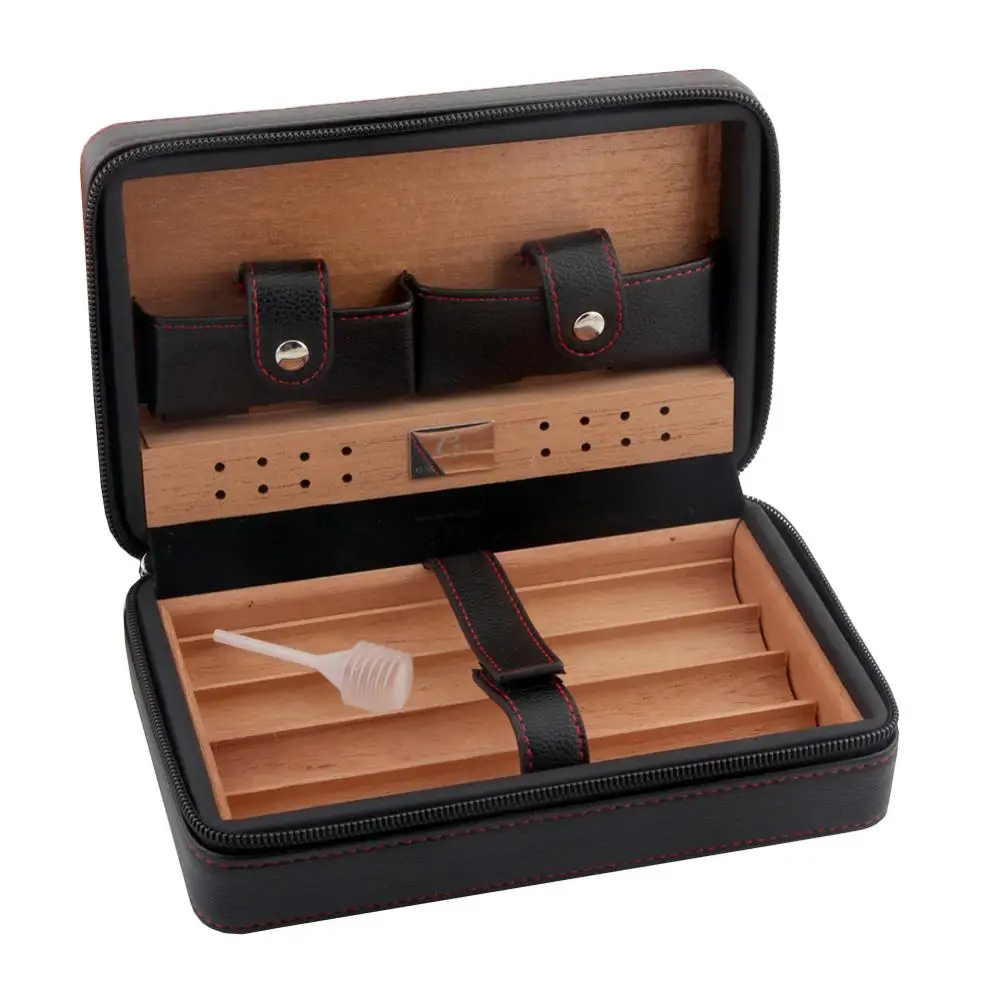 black GALINER Leather Cigar Humidor Travel Cedar Wood Cigar Case 4 Tube Holder Sigaar Box For COHIBA Cuba Cigars Outdoor Humidor Box - Цвет: black
