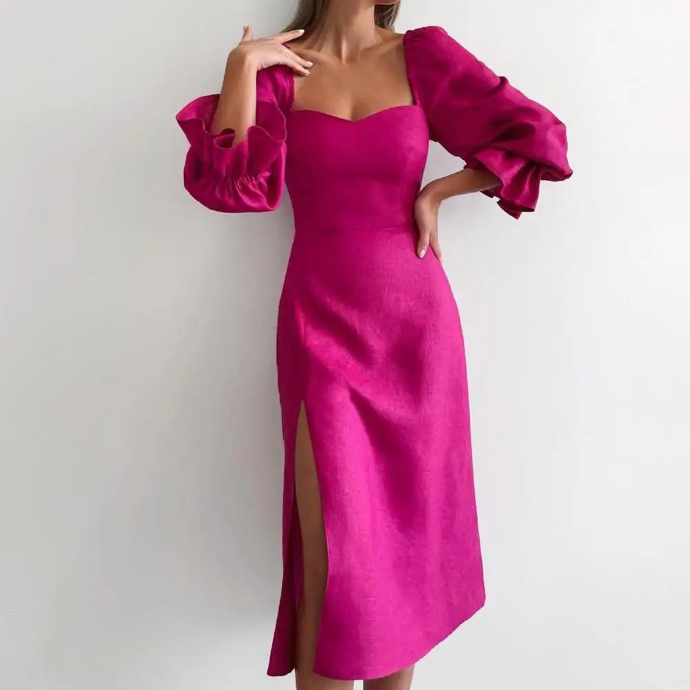 

Elegant Vintage Puff Sleeve Square Collar Wrapped Dress Chic Women's High Split Midi Bodycon Dress Party Vestidos
