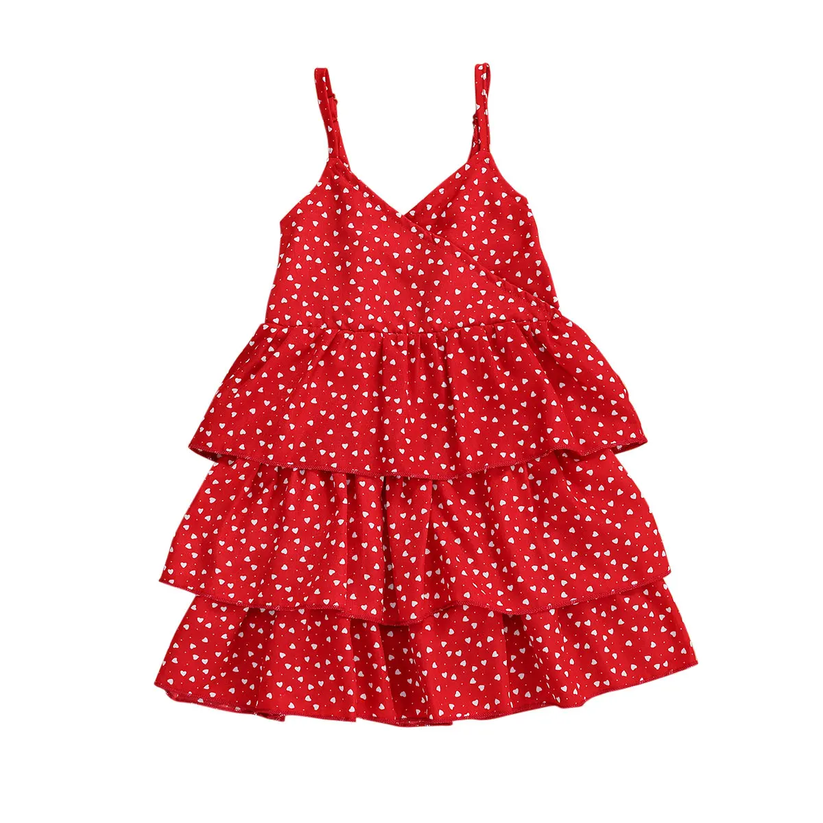 

Little Girls Sling Dress Summer Fashion Casual Cute Little Love Heart Print Sleeveless V-neck Brief Chiffon Cake Layered Dress