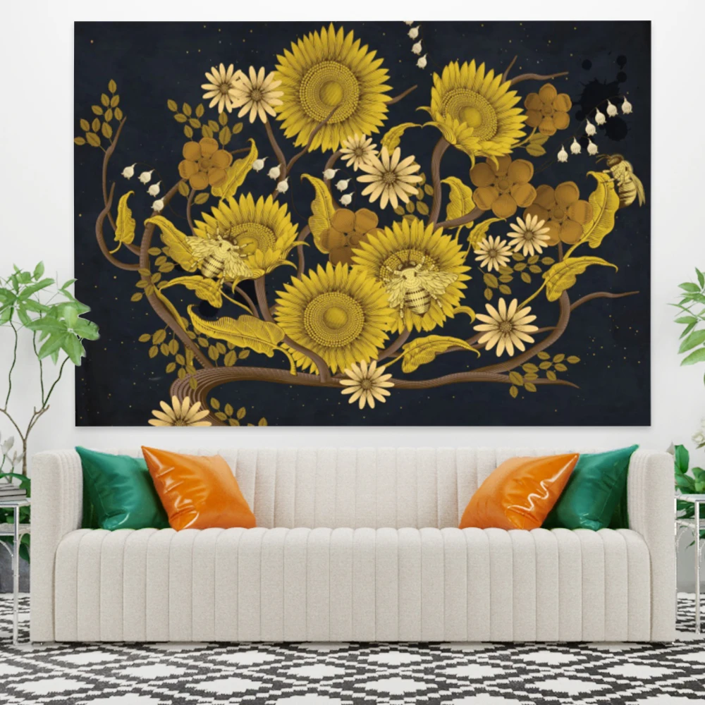

Laeacco Retro Plant Oil Painting Tapestries Sunflowers Leaves Carpets Wall Artistic Polyester Fabric Blanket Yoga Picnic Mat