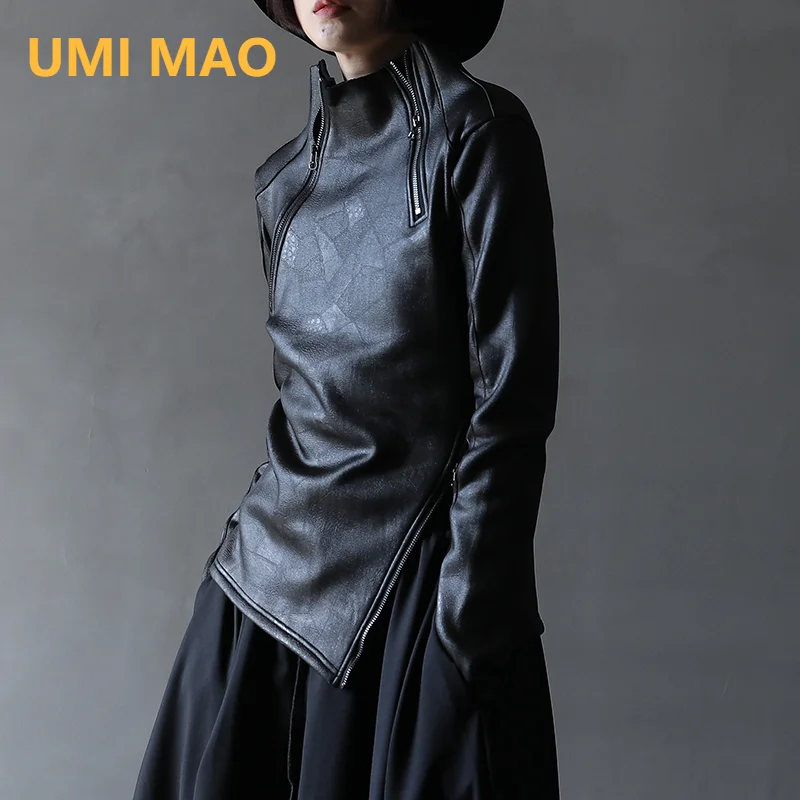 UMI MAO Dark Yamamoto Style Irregular Stand Collar Diagonal Zipper Faux Leather Sweatshirt Female Cool Black Gothic Jacket Y2K