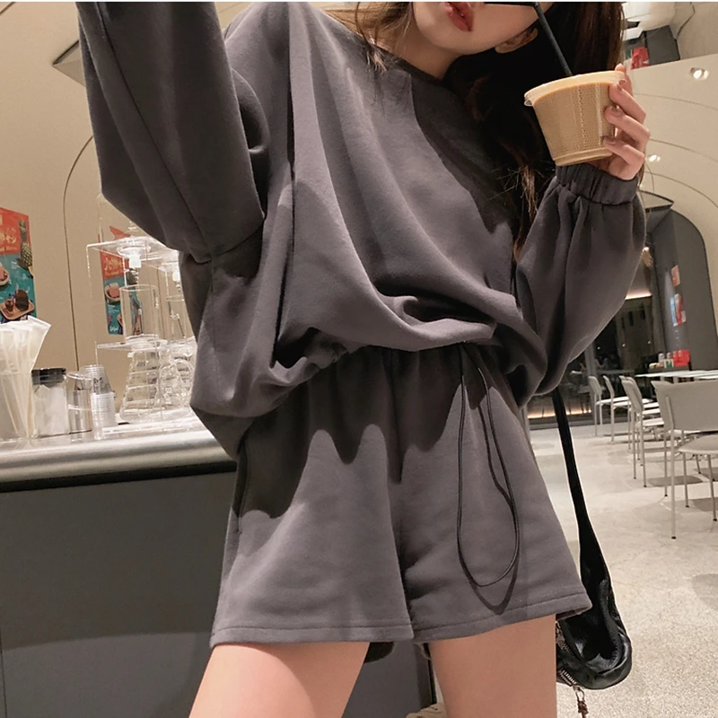 

2021 Spring Autumn Women Suit Oversized Sets O Neck Hoodies Sweatshirt Shorts Pants Suits