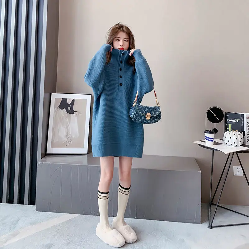 

Новинка 2021, Женский пуловер средней длины с высоким воротником, Свободный вязаный Топ