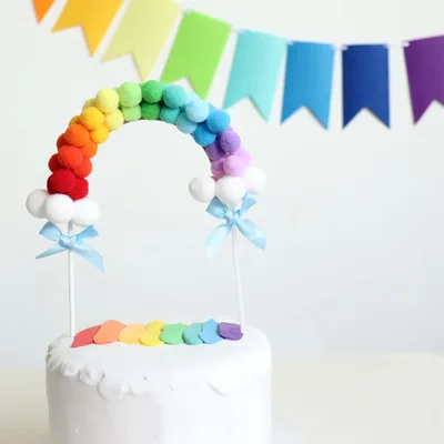 

Rainbow Pink Blue Pompom Arch Cake Topper Happy Birthday Party Wedding Baby Shower Decoration Cake Flags Party Supplies