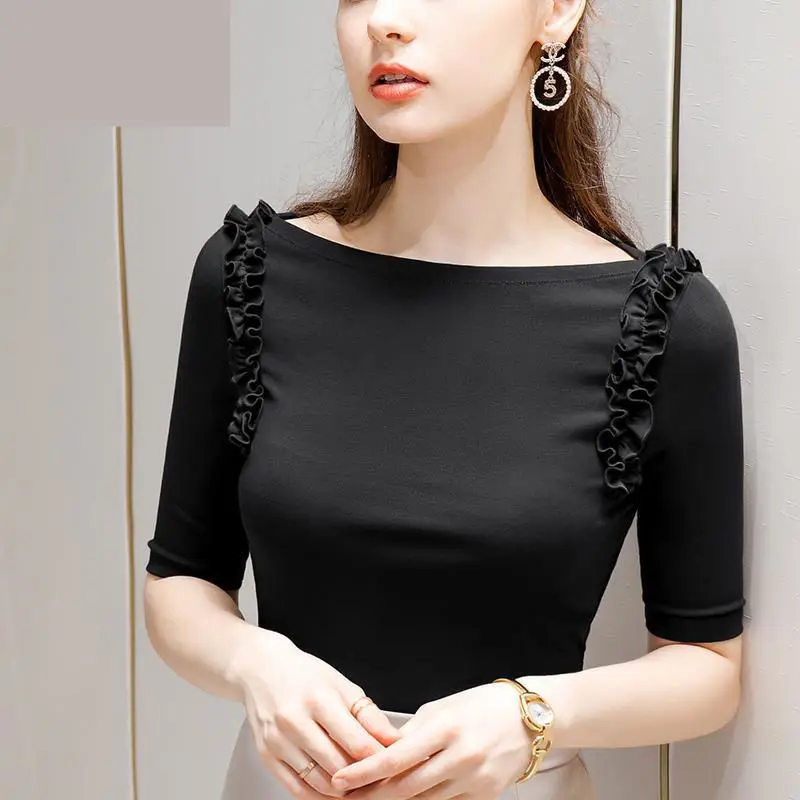 

Ear edge medium sleeve T-shirt for women's 2021 spring new pure color cotton T-shirt with western style middle sleeve