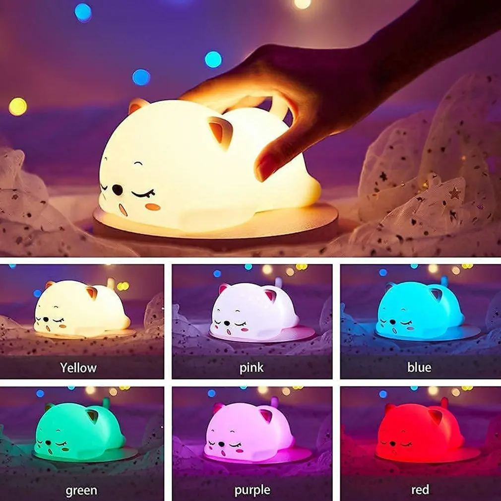 

Cat LED Night Light Touch Sensor Colorful Cartoon Silicone USB Rechargeable Bedroom Bedside Lamp for Children Kids Baby Gift