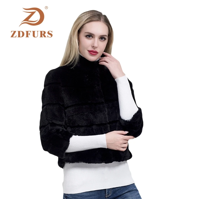 ZDFURS*2019 New Short rabbit fur Jacket 100% Full Pelt Genuine Real rex Rabbit Fur Coat Stripe Line Natural fur outerwear