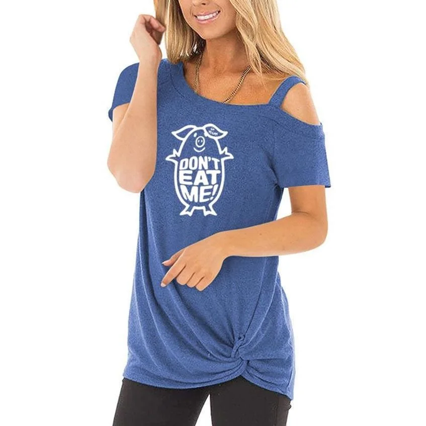 

Fashion New Knotted Off Shoulder T-Shirt For Women Funny Don't Eat Me Pig Graphic Letters Print Summer Female Loose Top T-Shirt