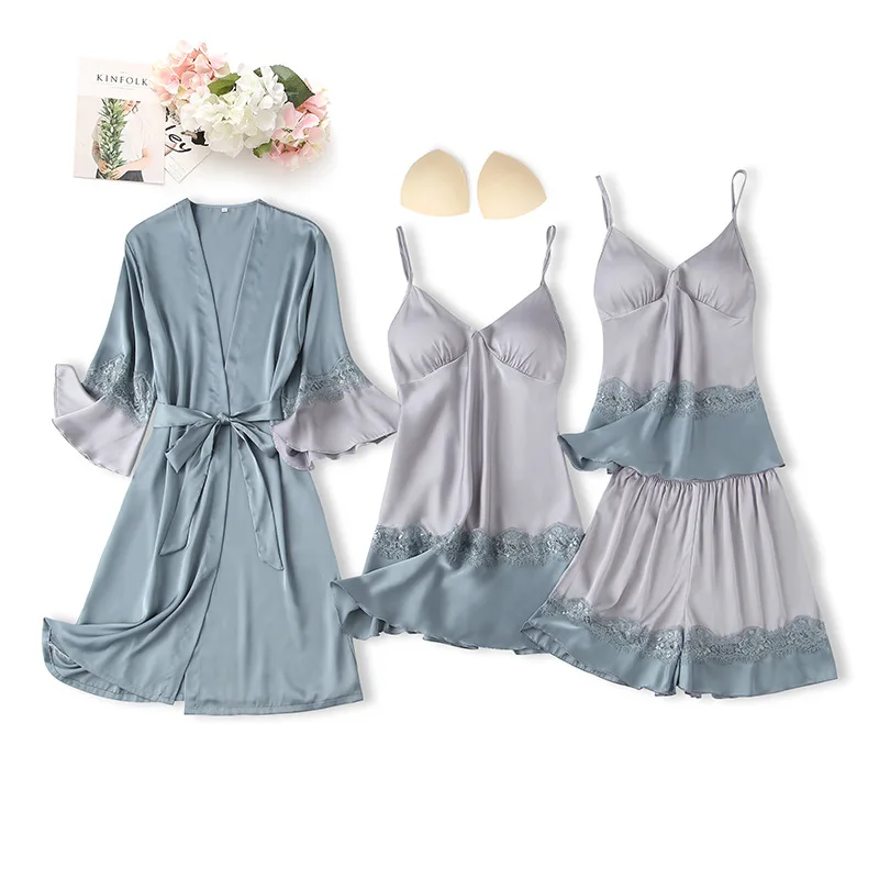 

Sexy Hollow Out Lace 4PCS Pajamas Set Women Sleepwear Faux Silk Satin Kimono Bathrobe Gown Summer Female Nightgown Home Clothes