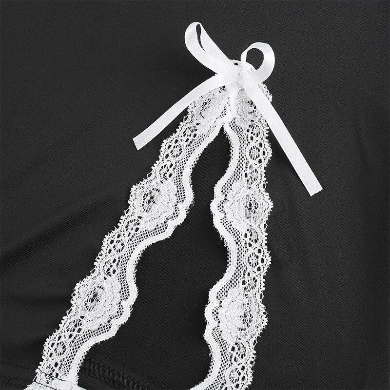 

Womens Sexy Suspender Dress Fashion Solid Color Lace Trim V-neck Backless Tight Split Short Dress