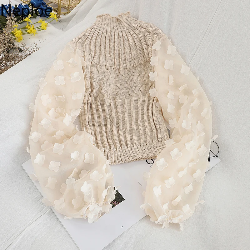 Neploe корейский контрастный цвет Аппликации патч Сетчатое платье-фонарь рукав